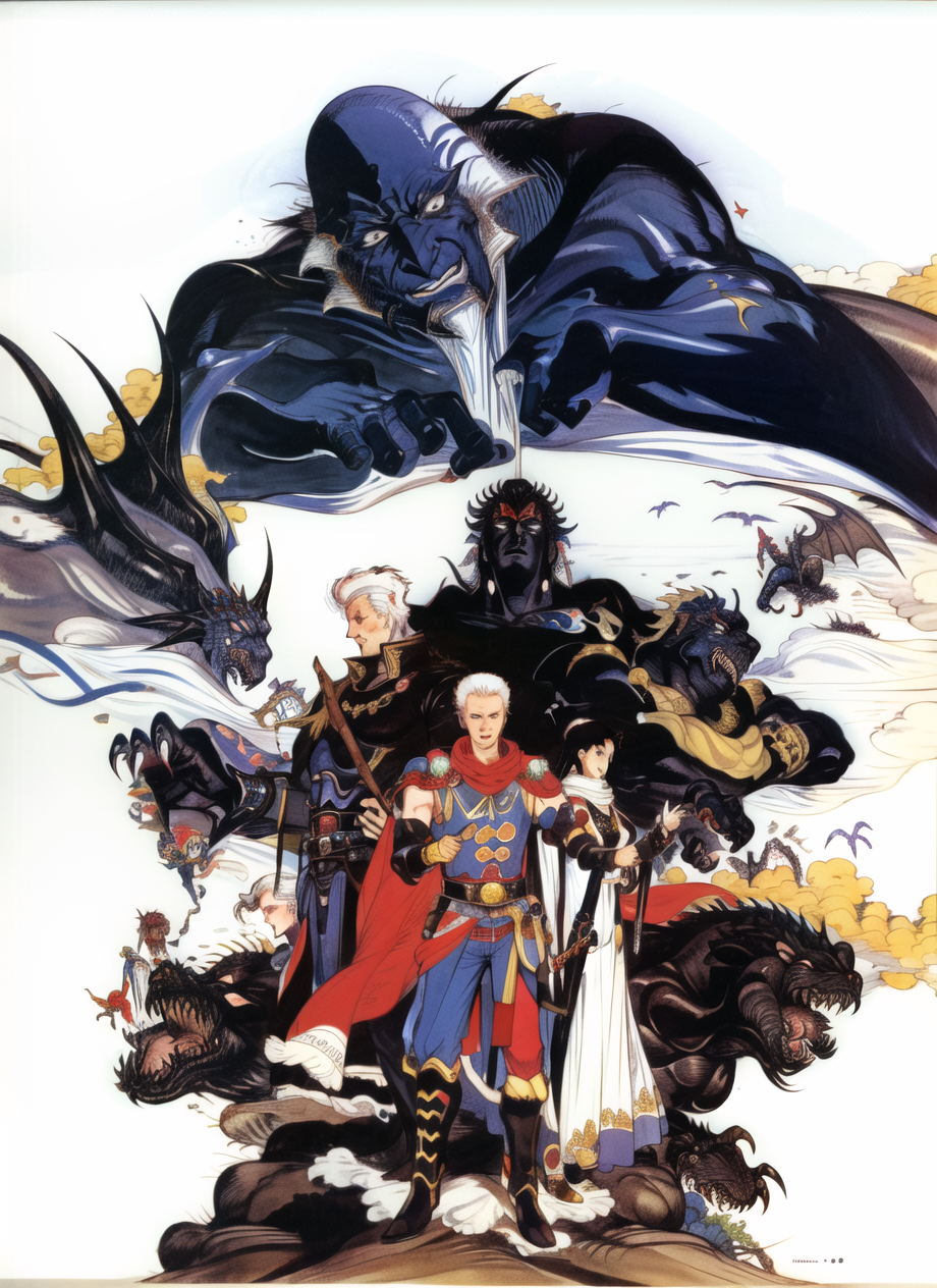 3978522615-1542915734-amano yoshitaka,_1990s _(style_), 6+boys, absurdres, armor, bald, black hair, bomb _(final_fantasy_), cape, crossbow, dragon, em.png